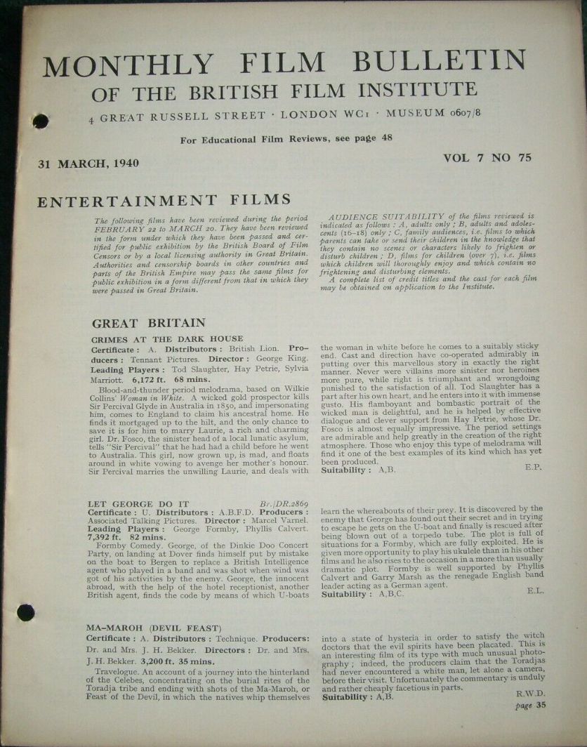 MONTHLY FILM BULLETIN magazine side cover  Vol 7 No  75  March 1940
