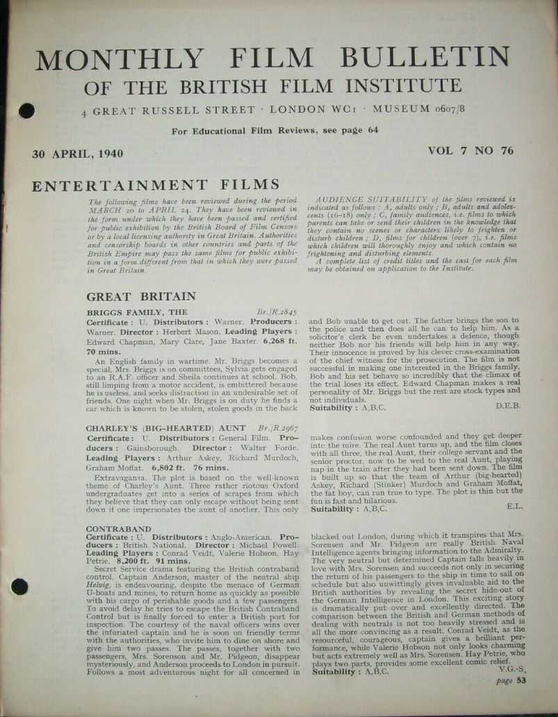 MONTHLY FILM BULLETIN magazine side cover  Vol 7 No  76  April 1940