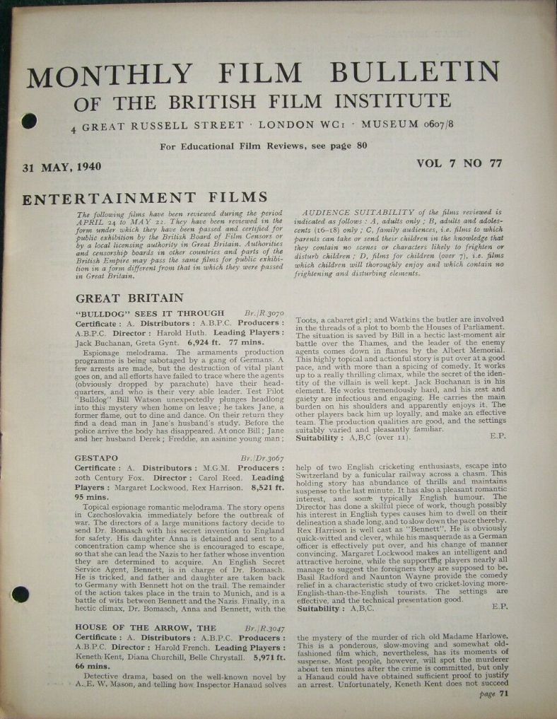 MONTHLY FILM BULLETIN magazine side cover  Vol 7 No  77  May 1940