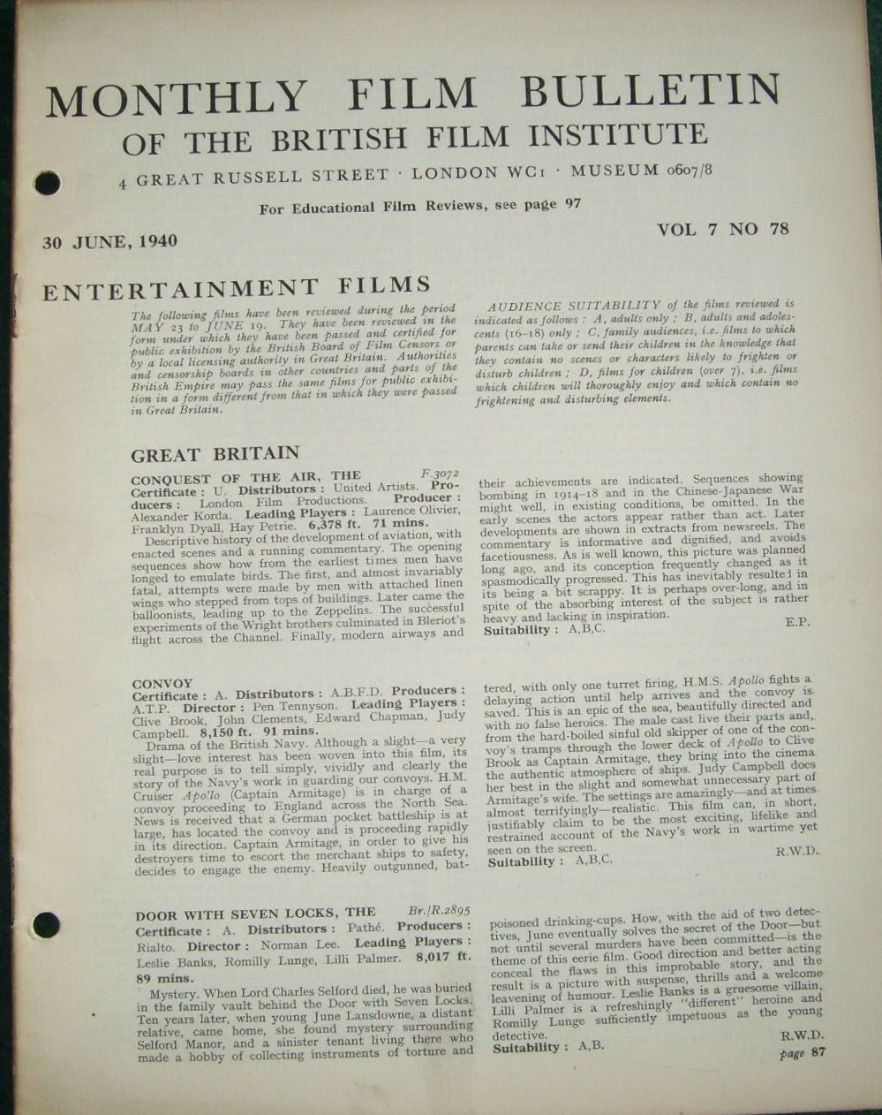 MONTHLY FILM BULLETIN magazine side cover  Vol 7 No  78  June 1940