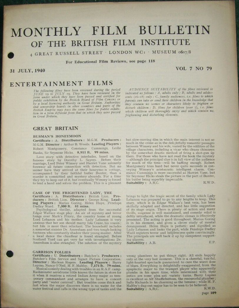 MONTHLY FILM BULLETIN magazine side cover  Vol 7 No  79  July 1940