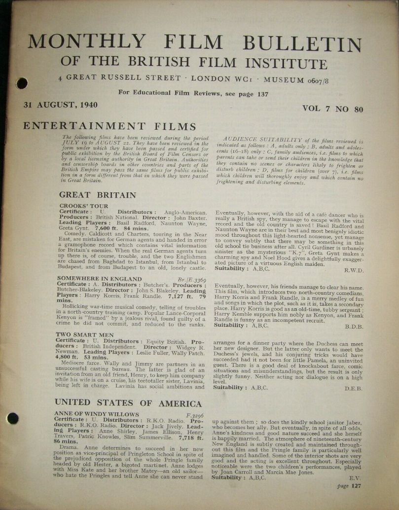 MONTHLY FILM BULLETIN magazine side cover  Vol 7 No  80  August 1940