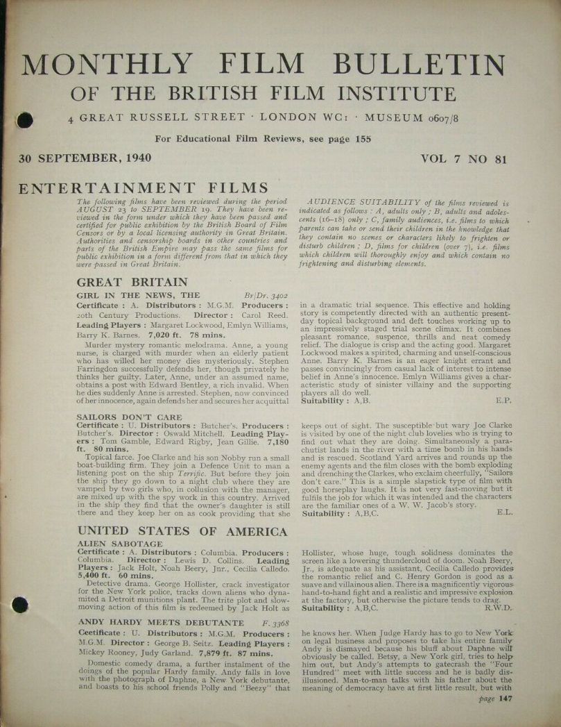 MONTHLY FILM BULLETIN magazine side cover  Vol 7 No  81  September 1940