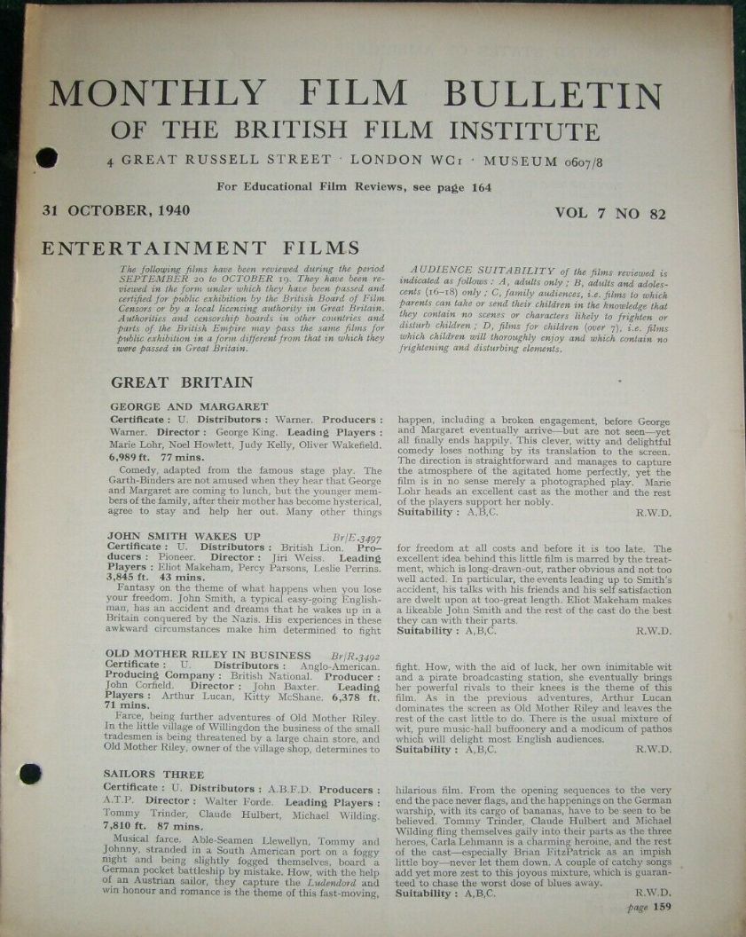MONTHLY FILM BULLETIN magazine side cover  Vol 7 No  82  October 1940