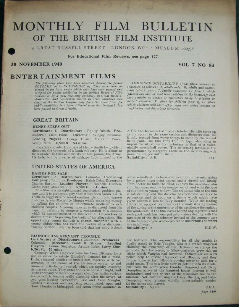 MONTHLY FILM BULLETIN magazine side cover  Vol 7 No  83  November 1940