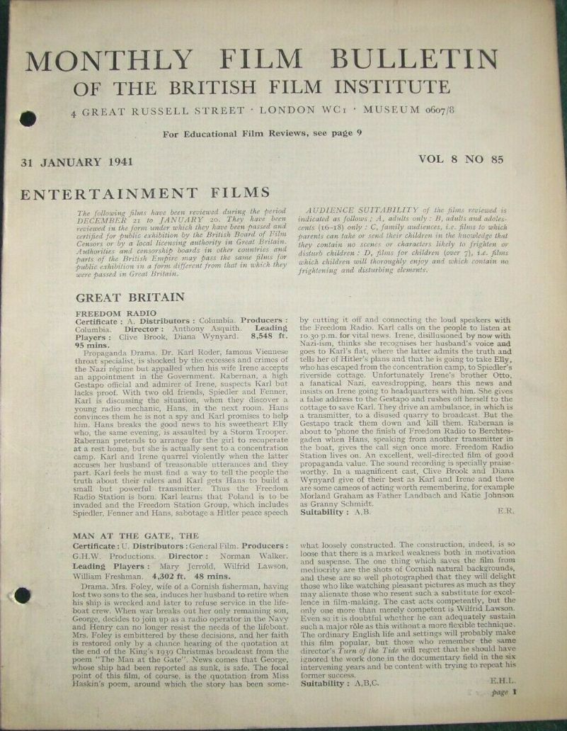 MONTHLY FILM BULLETIN magazine side cover  Vol 8 No  85  January 1941