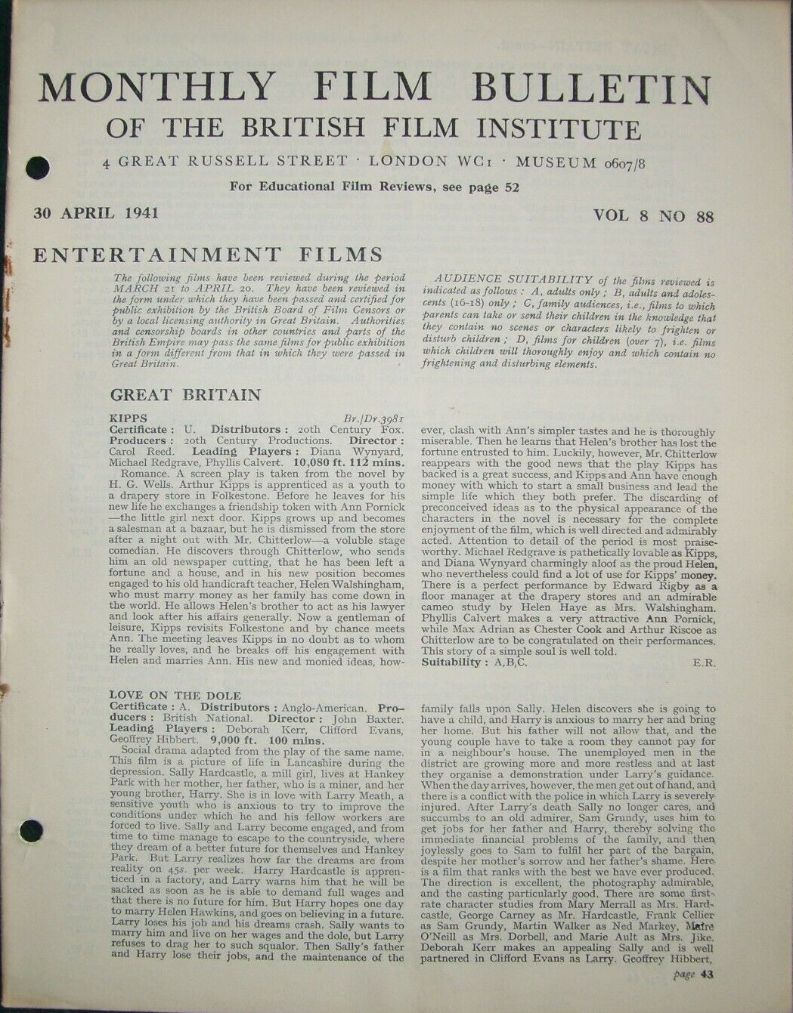 MONTHLY FILM BULLETIN magazine side cover  Vol 8 No  88  April 1941