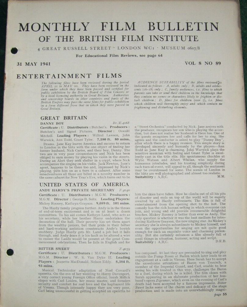 MONTHLY FILM BULLETIN magazine side cover  Vol 8 No  89  May 1941
