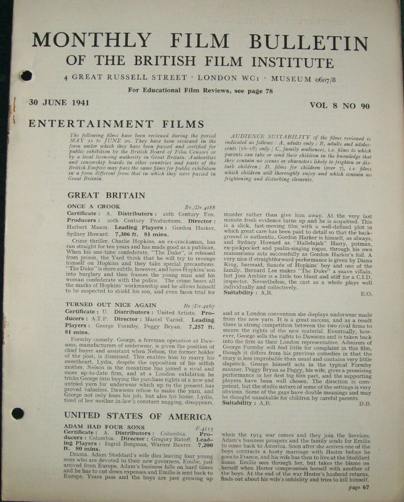 MONTHLY FILM BULLETIN magazine side cover  Vol 8 No  90  June 1941