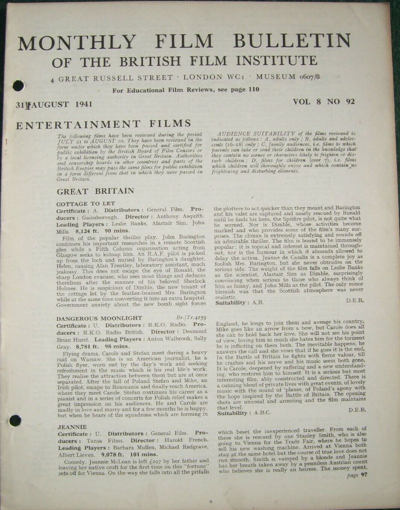 MONTHLY FILM BULLETIN magazine side cover  Vol 8 No  92  August 1941