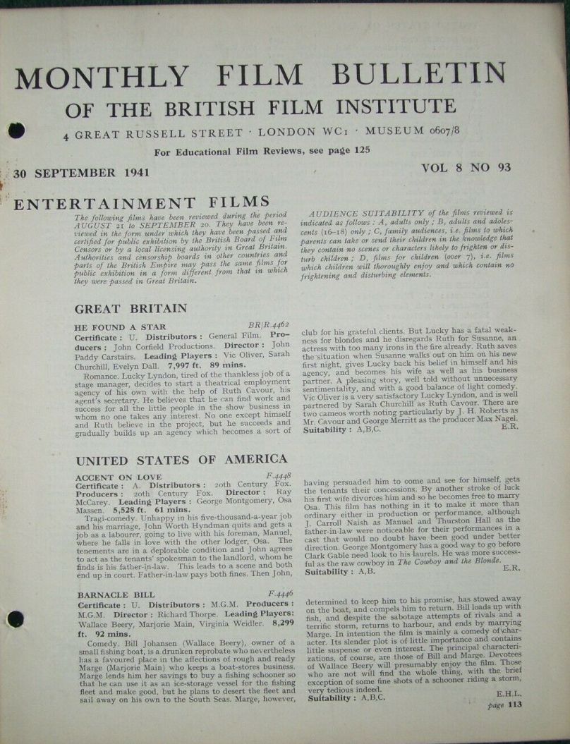 MONTHLY FILM BULLETIN magazine side cover  Vol 8 No  93  September 1941