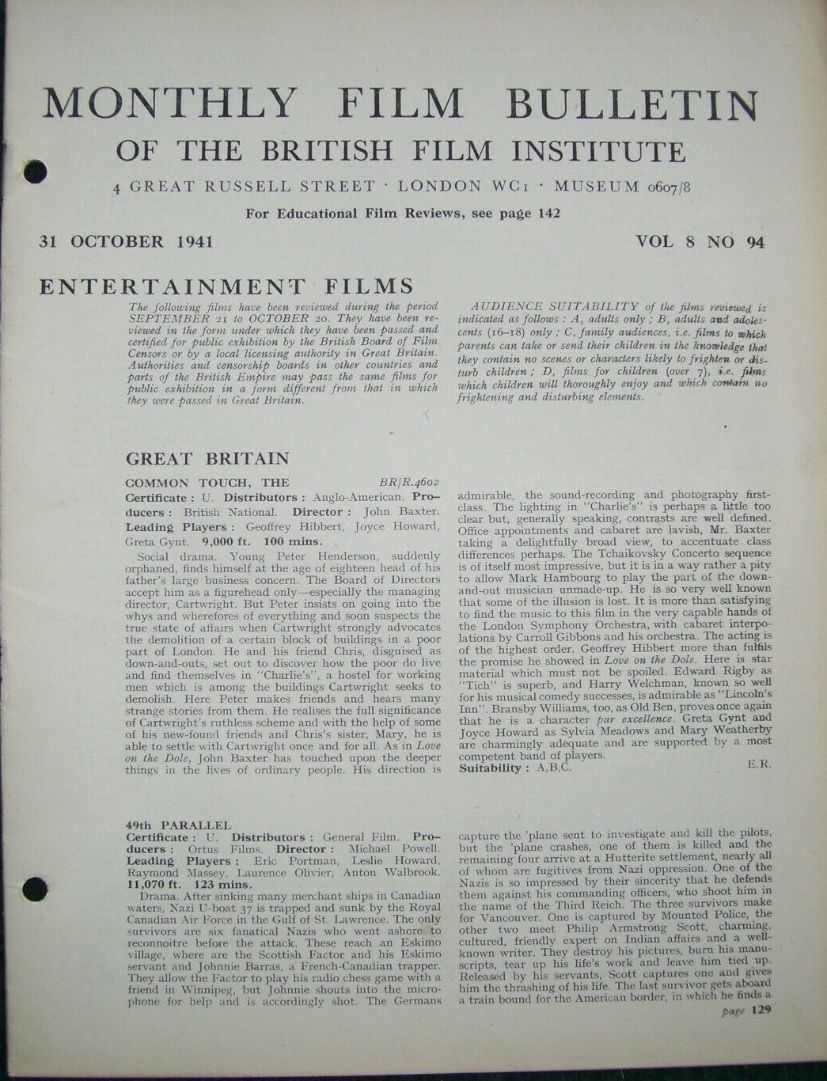 MONTHLY FILM BULLETIN magazine side cover  Vol 8 No  94  October 1941