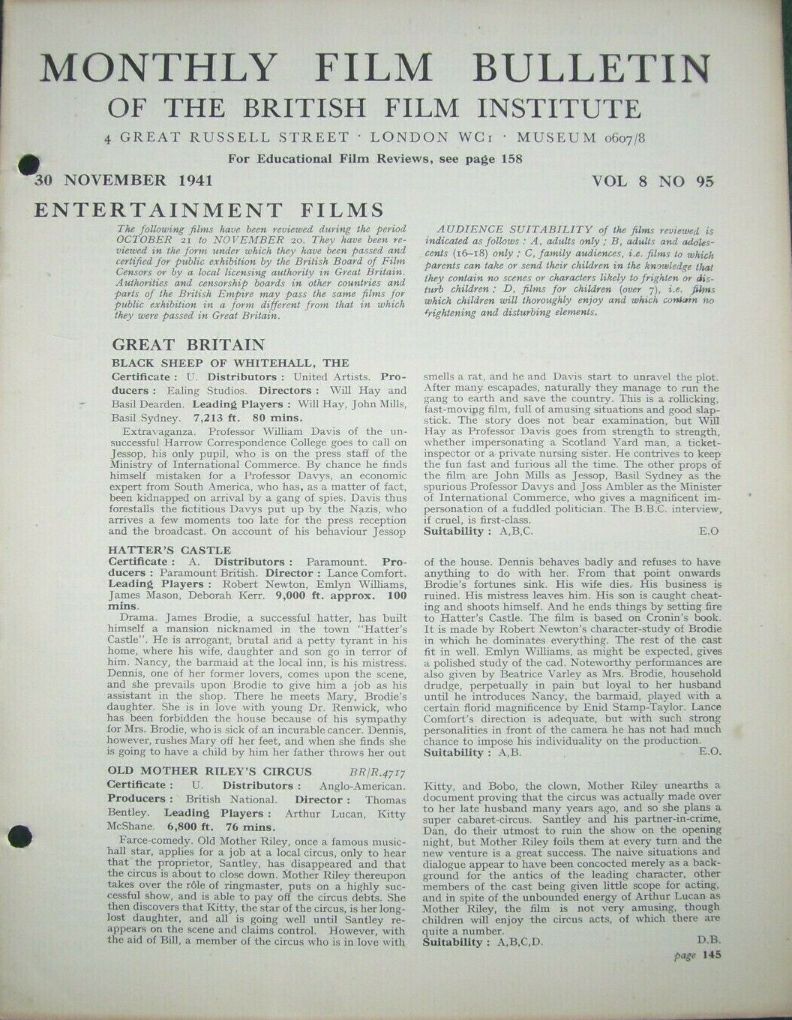 MONTHLY FILM BULLETIN magazine side cover  Vol 8 No  95  November 1941