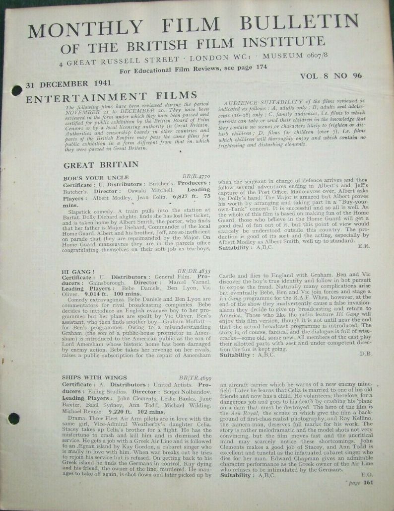 MONTHLY FILM BULLETIN magazine side cover  Vol 8 No  96  December 1941
