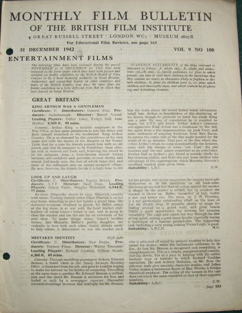 MONTHLY FILM BULLETIN magazine side cover  Vol 9 No  108  December 1942