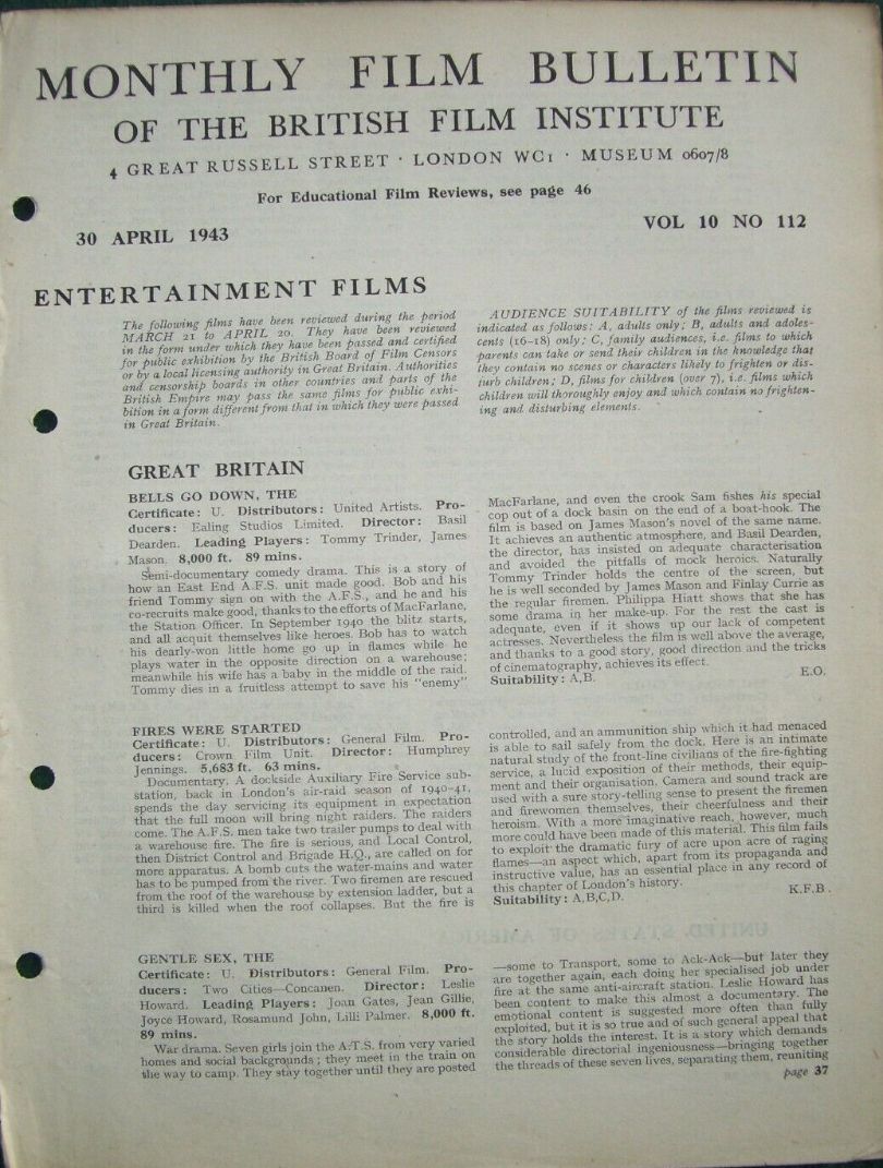 MONTHLY FILM BULLETIN magazine side cover  Vol 10 No  112  April 1943