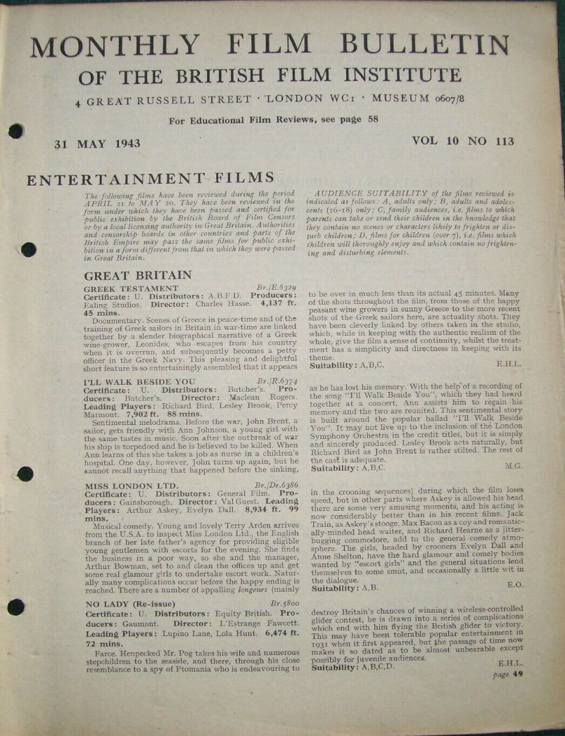 MONTHLY FILM BULLETIN magazine side cover  Vol 10 No  113  May 1943