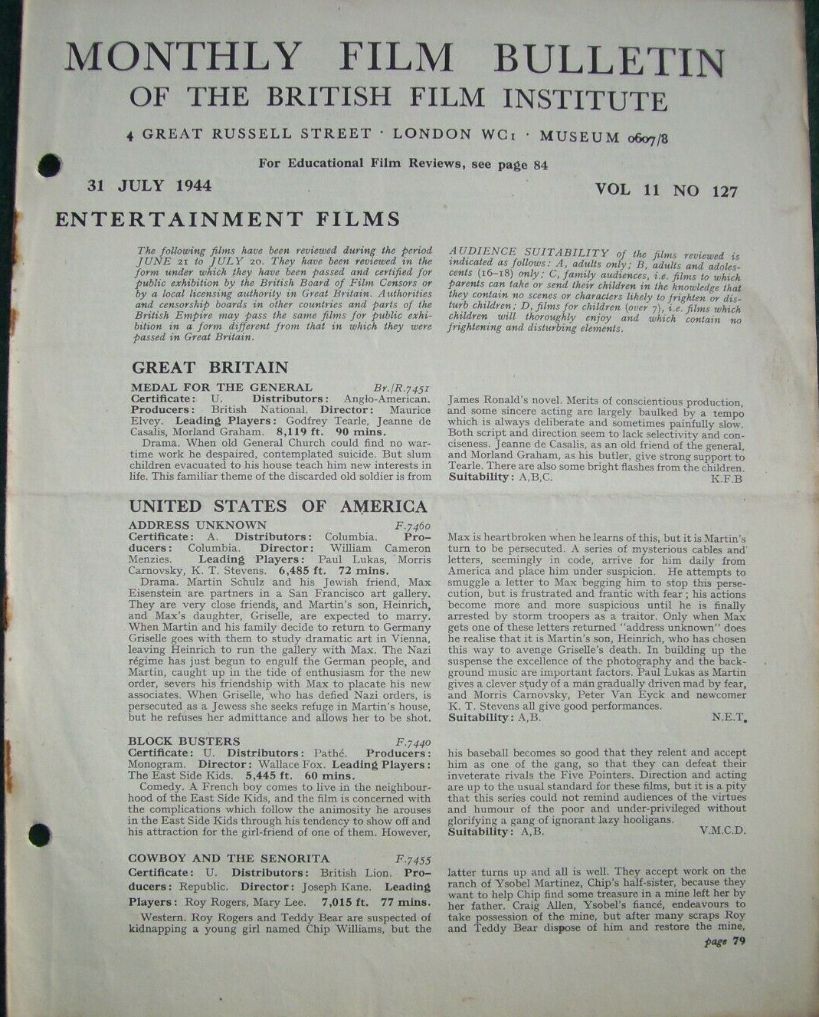 MONTHLY FILM BULLETIN magazine side cover  Vol 11 No  127  July 1944
