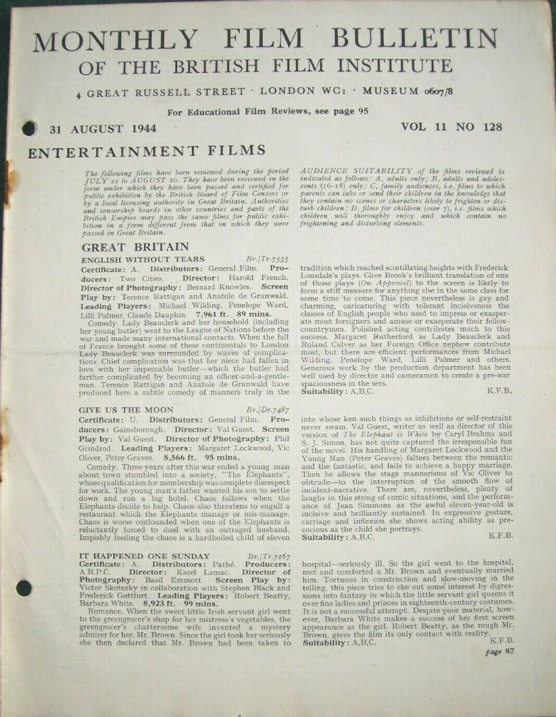 MONTHLY FILM BULLETIN magazine side cover  Vol 11 No  128  August 1944
