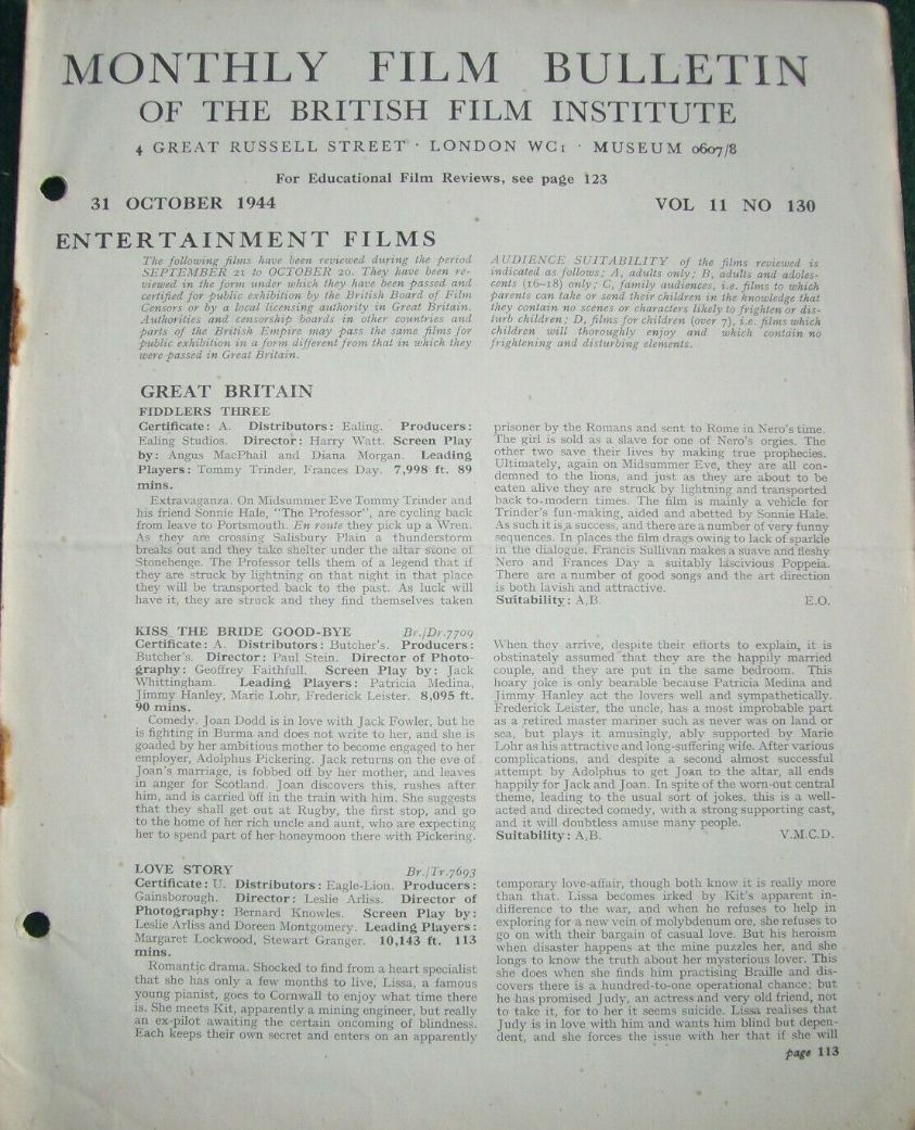 MONTHLY FILM BULLETIN magazine side cover  Vol 11 No  130  October 1944