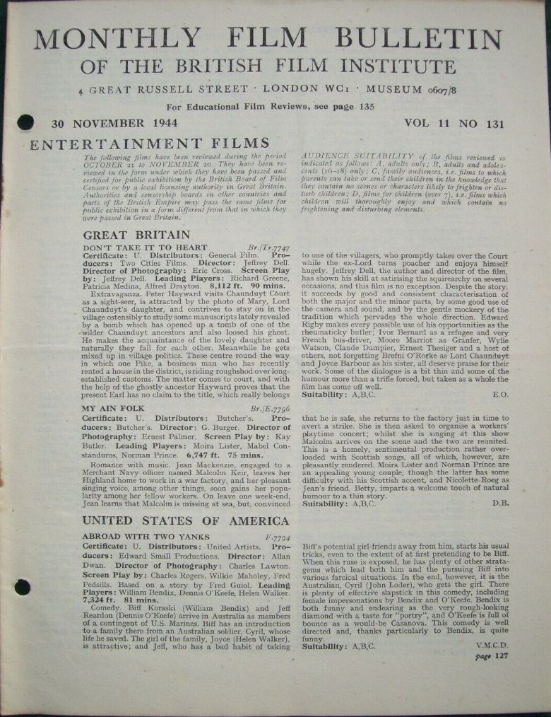 MONTHLY FILM BULLETIN magazine side cover  Vol 11 No  131  November 1944