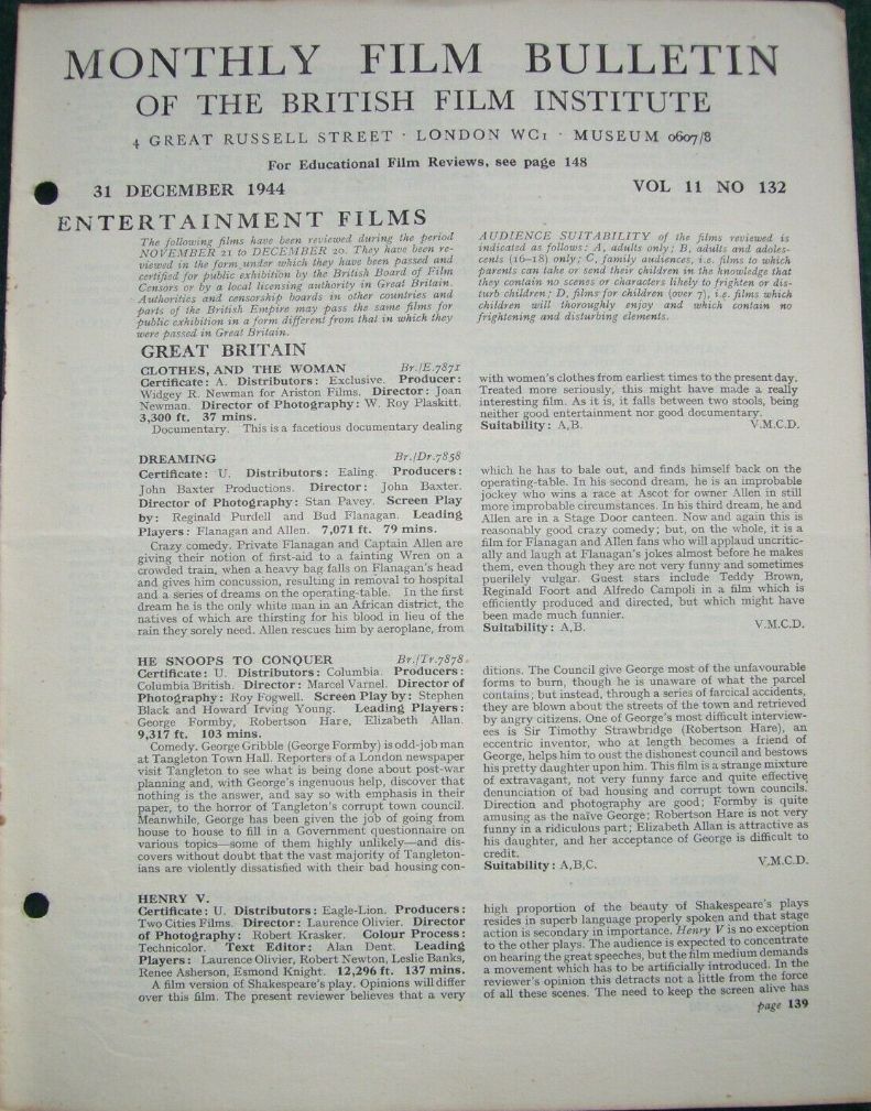 MONTHLY FILM BULLETIN magazine side cover  Vol 11 No  132  December 1944