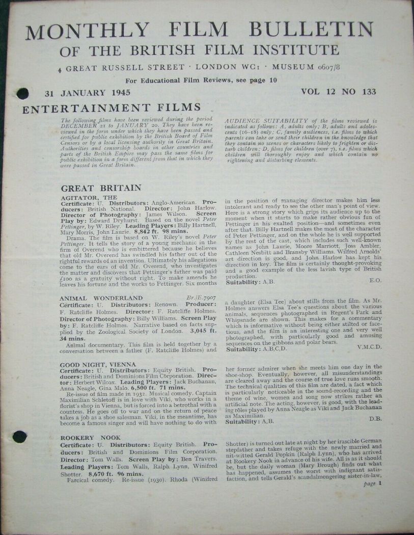 MONTHLY FILM BULLETIN magazine side cover  Vol 12 No  133  January 1945