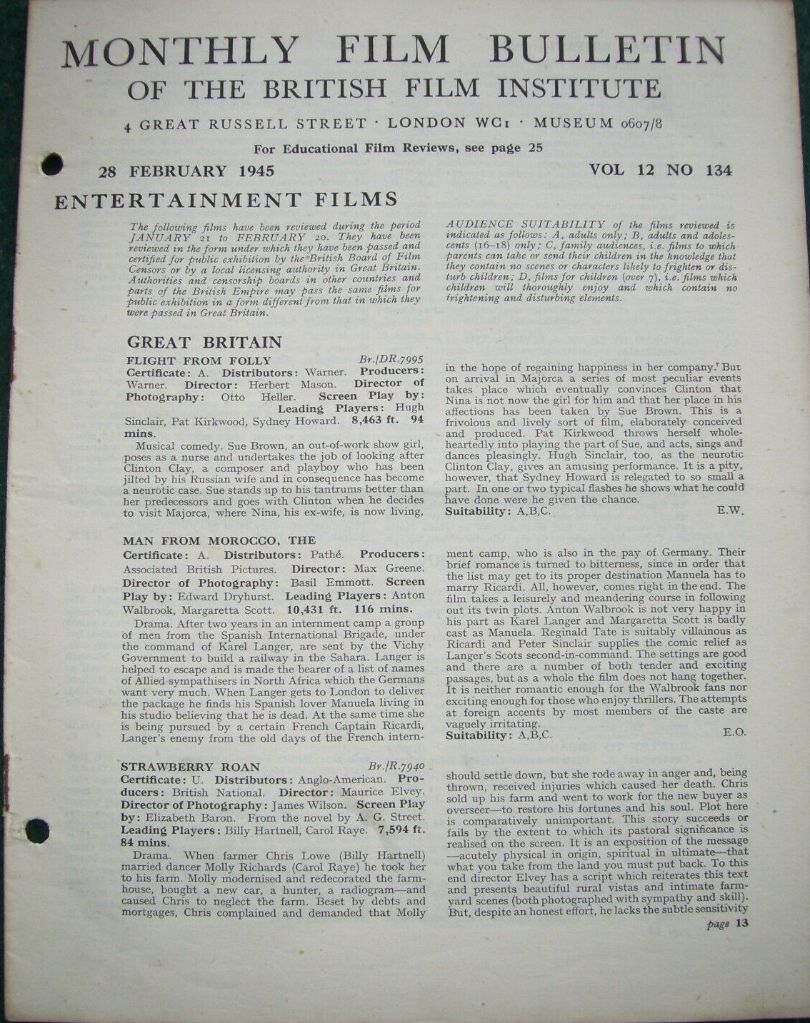 MONTHLY FILM BULLETIN magazine side cover  Vol 12 No  134  February 1945
