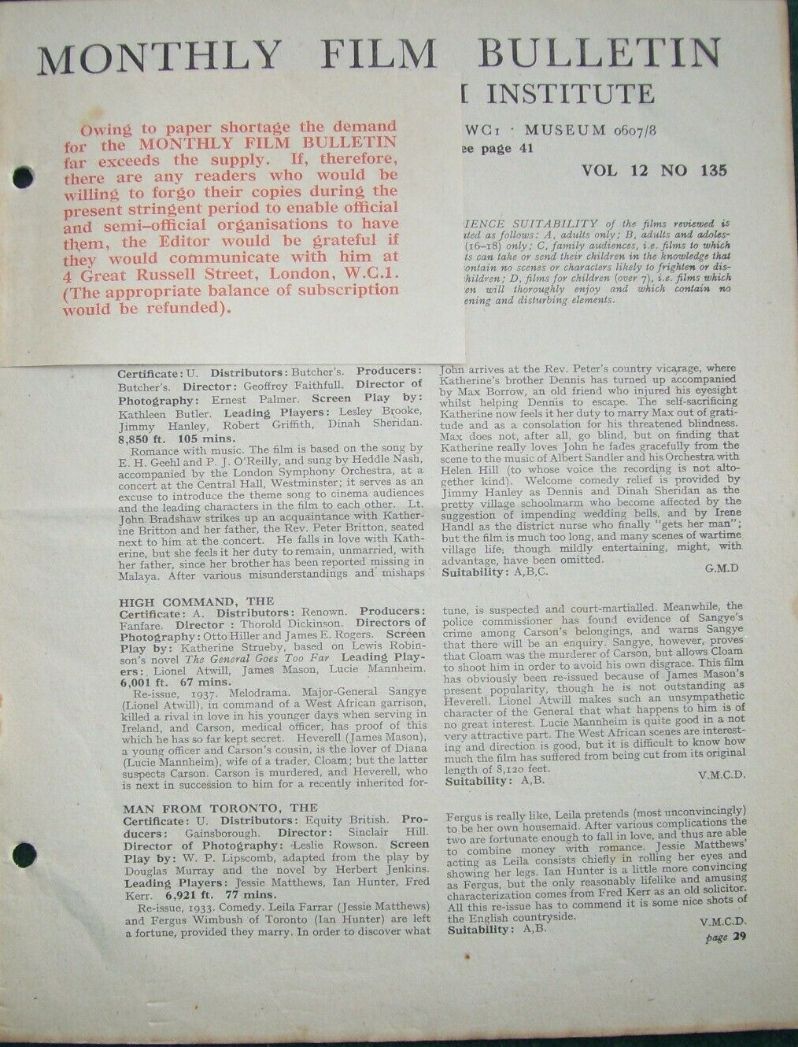 MONTHLY FILM BULLETIN magazine side cover  Vol 12 No  135  March 1945