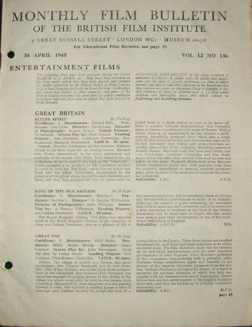 MONTHLY FILM BULLETIN magazine side cover  Vol 12 No  136  April 1945