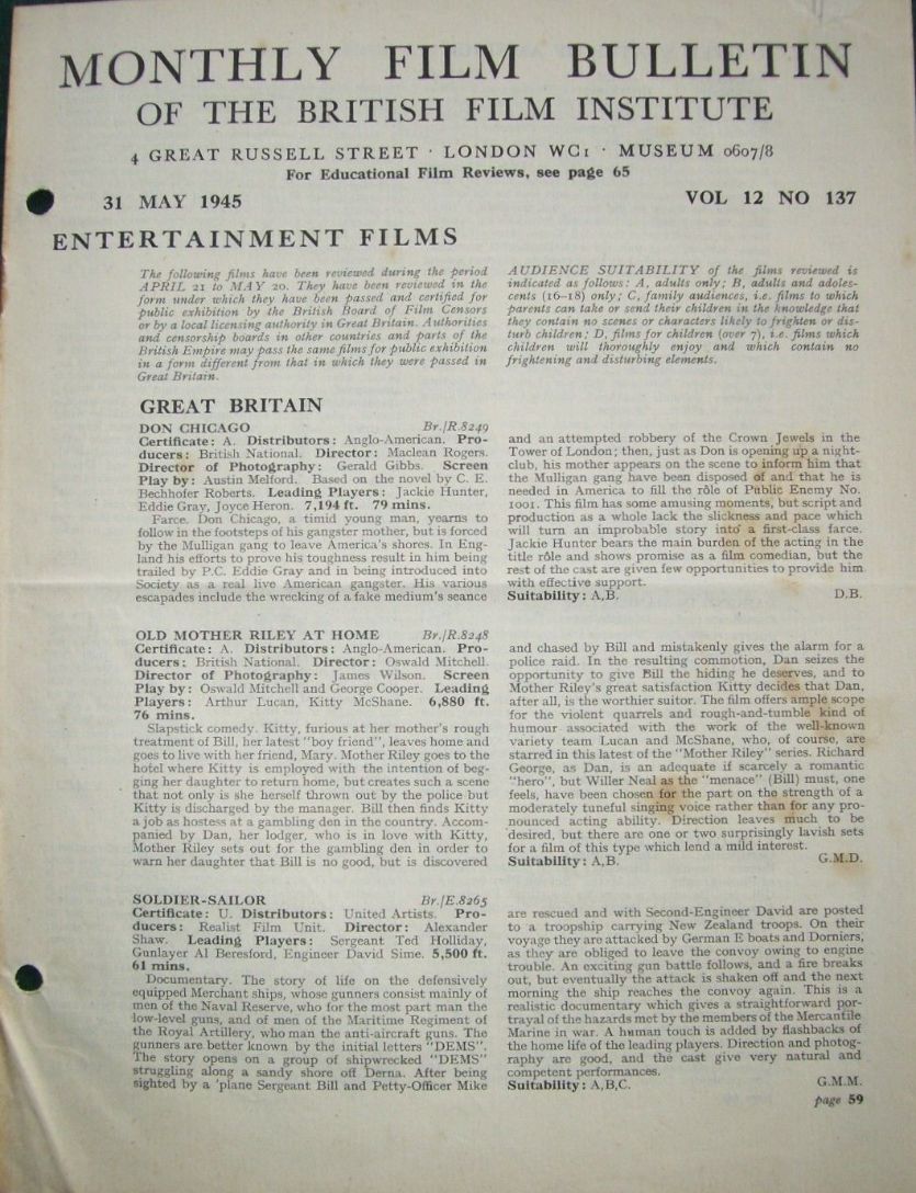 MONTHLY FILM BULLETIN magazine side cover  Vol 12 No  137  May 1945