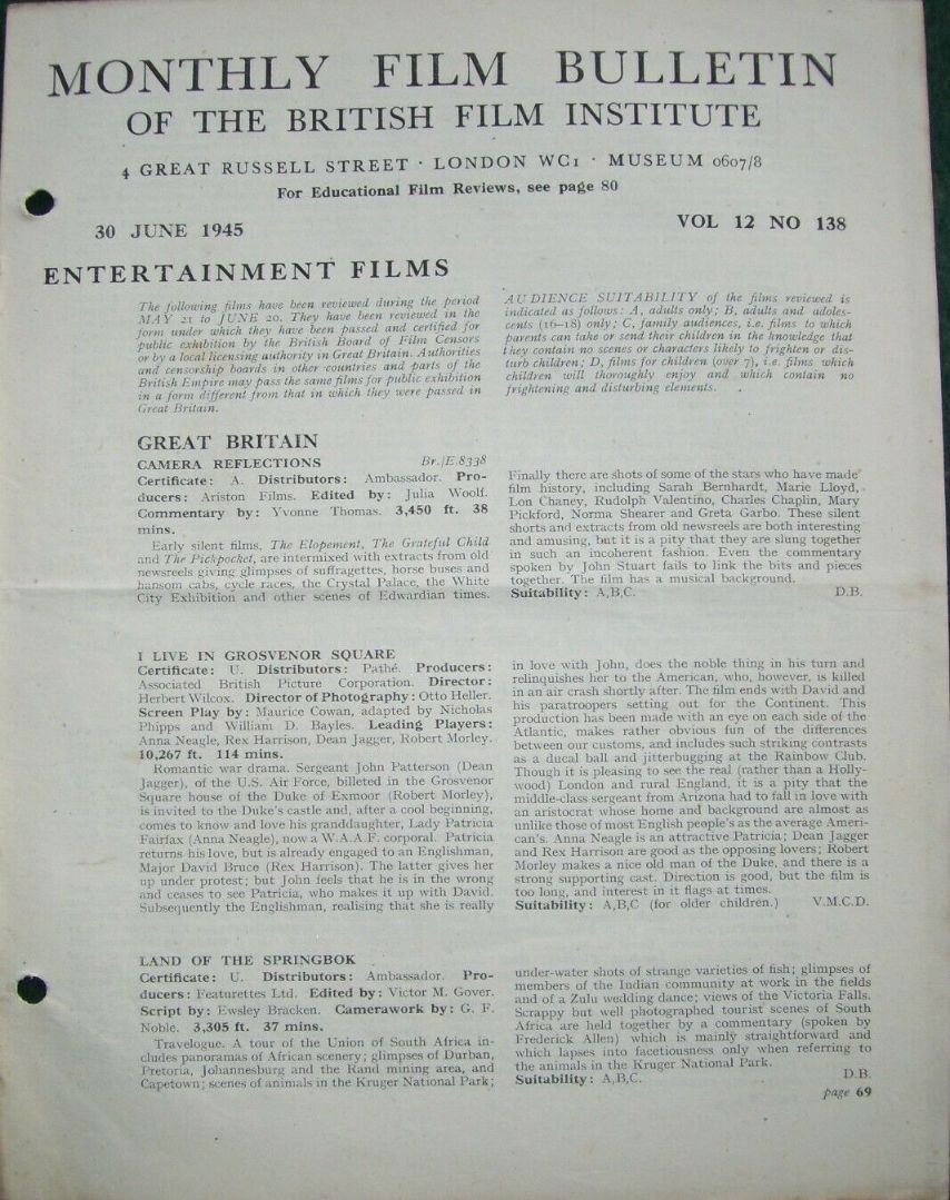 MONTHLY FILM BULLETIN magazine side cover  Vol 12 No  138  June 1945