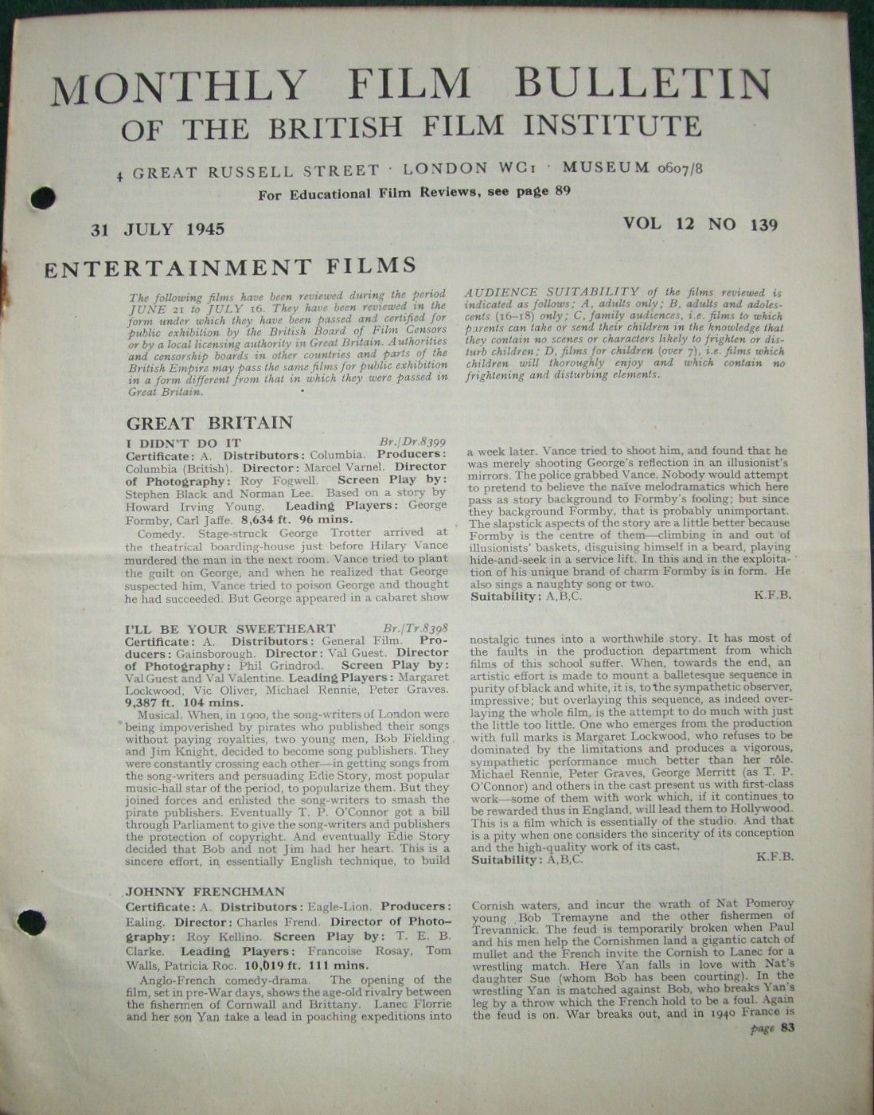 MONTHLY FILM BULLETIN magazine side cover  Vol 12 No  139  July 1945
