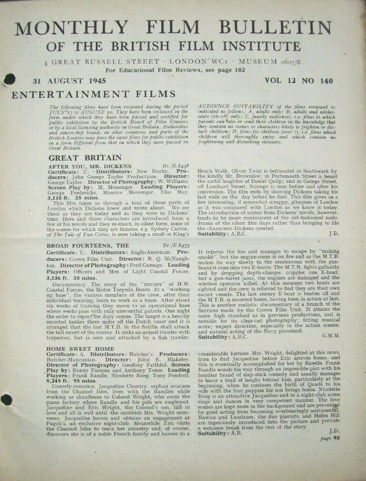 MONTHLY FILM BULLETIN magazine side cover  Vol 12 No  140  August 1945