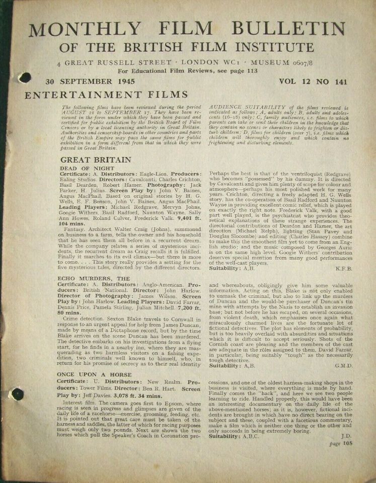 MONTHLY FILM BULLETIN magazine side cover  Vol 12 No  141  September 1945