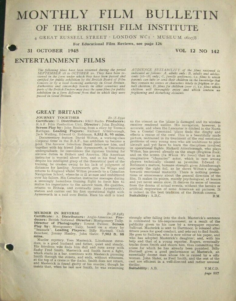 MONTHLY FILM BULLETIN magazine side cover  Vol 12 No  142  October 1945