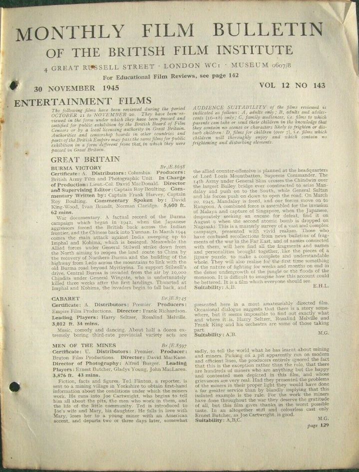 MONTHLY FILM BULLETIN magazine side cover  Vol 12 No  143  November 1945