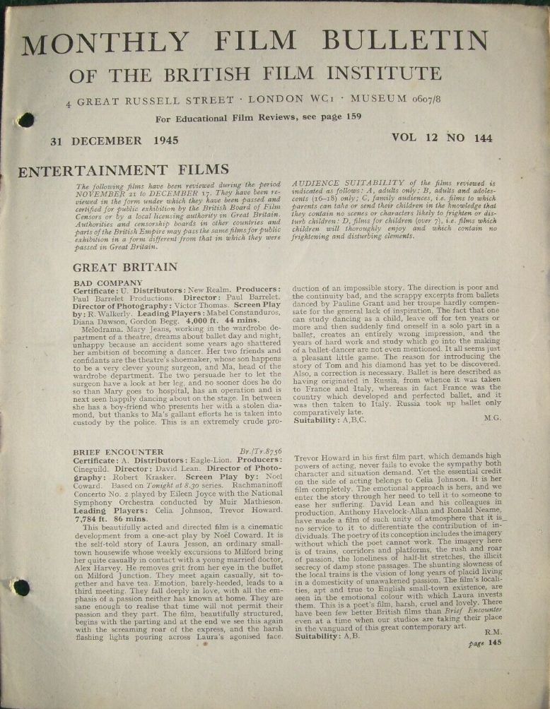 MONTHLY FILM BULLETIN magazine side cover  Vol 12 No  144  December 1945