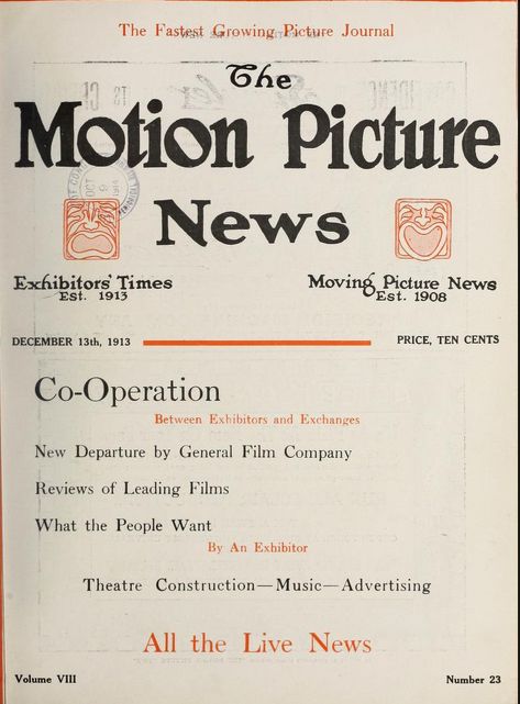 MOTION PICTURE NEWS magazine side cover 13 December 1913