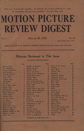 MOTION PICTURE REVIEW DIGEST magazine side cover  Vol 1 # 15 30 March 1936