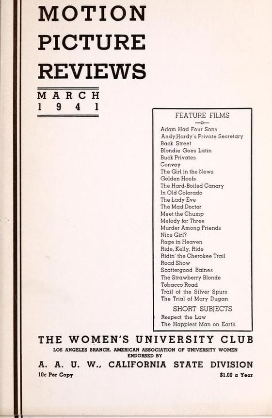 MOTION PICTURE REVIEWS magazine side cover  March 1941