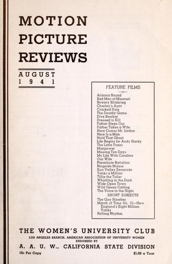 MOTION PICTURE REVIEWS magazine side cover  August 1941