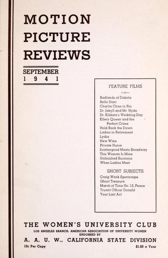 MOTION PICTURE REVIEWS magazine side cover  September 1941