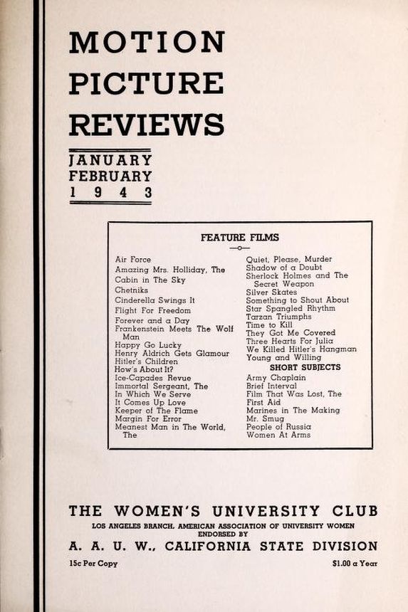 MOTION PICTURE REVIEWS magazine side cover  January/February 1943