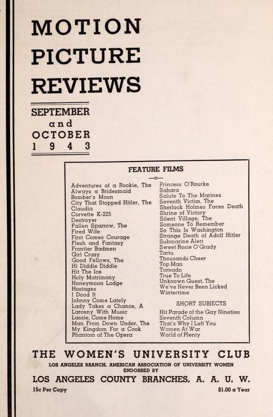 MOTION PICTURE REVIEWS magazine side cover  September/October 1943