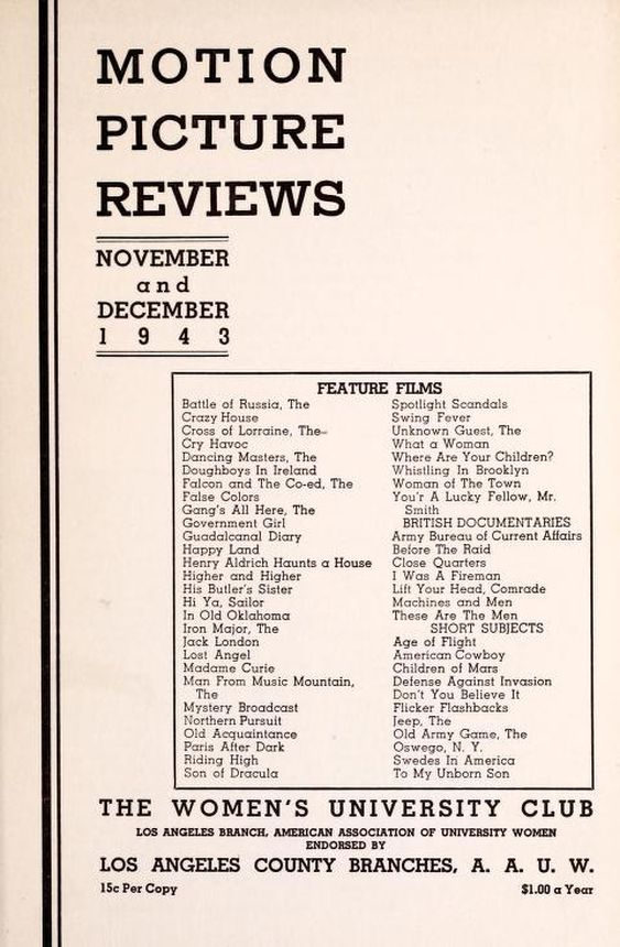 MOTION PICTURE REVIEWS magazine side cover  November/December 1943