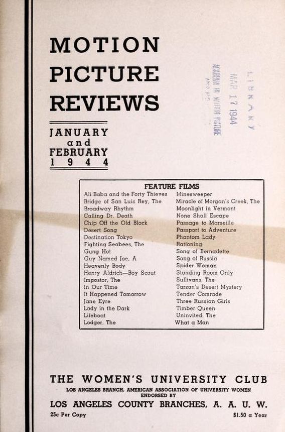 MOTION PICTURE REVIEWS magazine side cover  January/February 1944