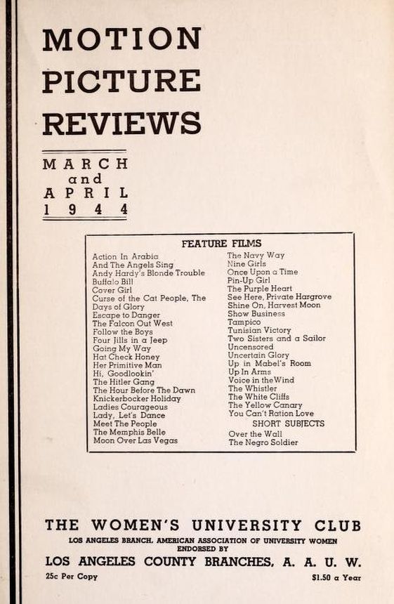 MOTION PICTURE REVIEWS magazine side cover  March/April 1944