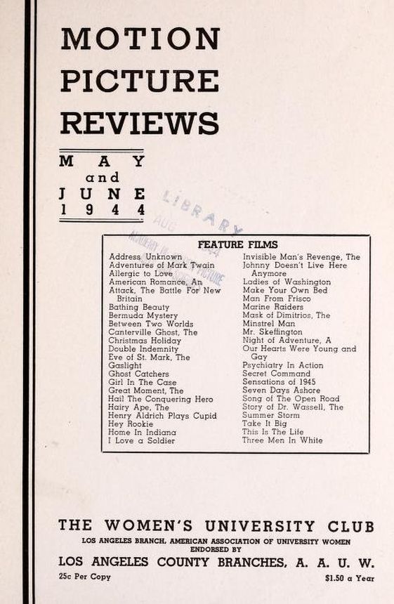 MOTION PICTURE REVIEWS magazine side cover  May/June 1944