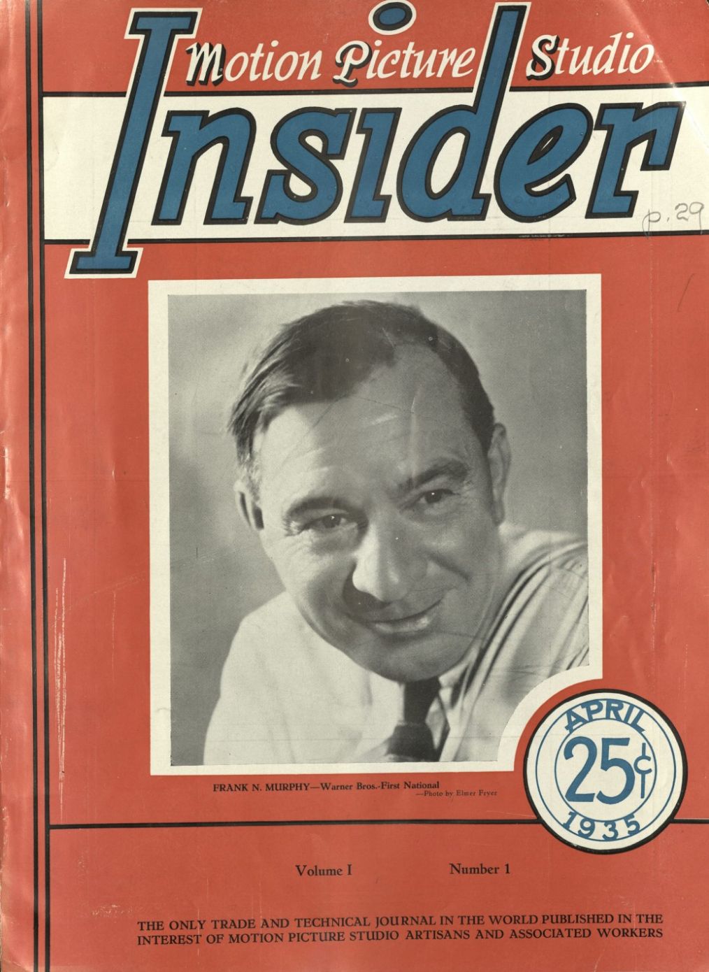 MOTION PICTURE STUDIO INSIDER magazine side cover  Vol 1 No  1  April 1935
